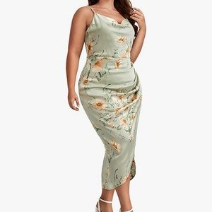 Floerns Plus Size Satin Cowl Neck Wrap Dress